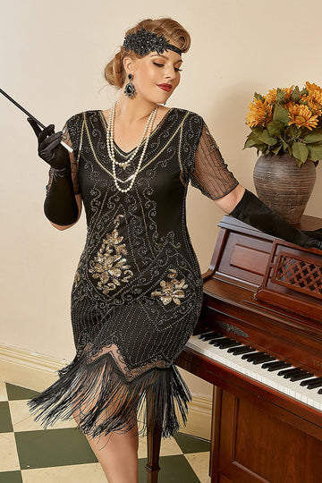 Svarta Kortärmade 1920-Tals Plus Size Gatsby Flapper Klänning Med 20-Tals Tillbehör Set